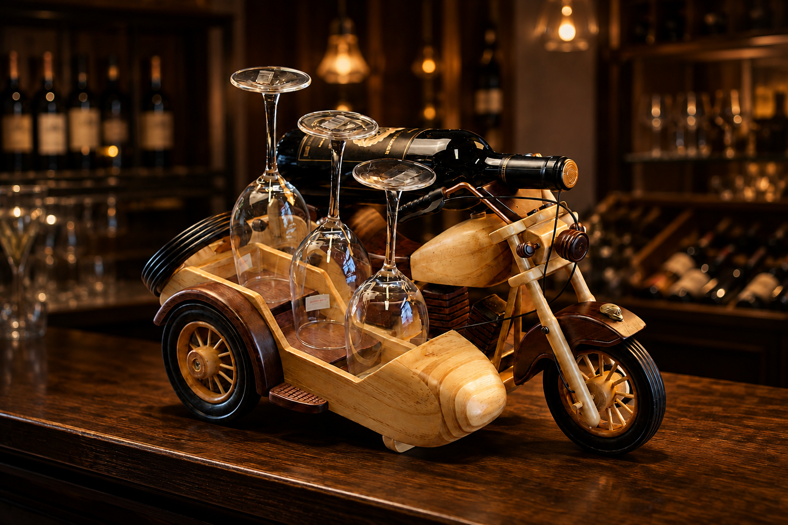 Wooden motorcycle and sidecar wine display in an elegant home bar